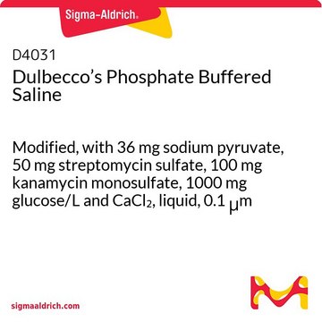 Dulbecco’s Phosphate Buffered Saline Modified, with 36 mg sodium pyruvate, 50 mg streptomycin sulfate, 100 mg kanamycin monosulfate, 1000 mg glucose/L and CaCl2, liquid, 0.1 μm filtered, suitable for cell culture