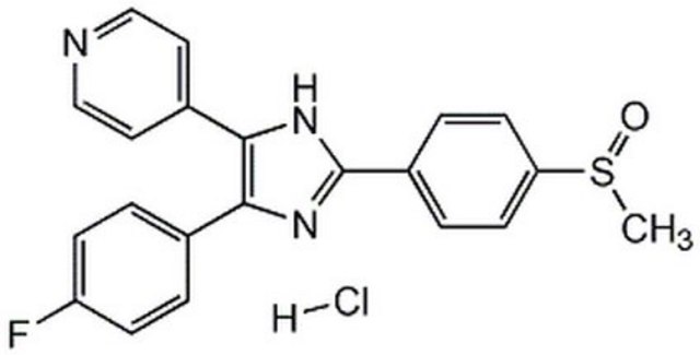 SB 203580, Hydrochloride SB 203580, Hydrochloride, CAS 869185-85-3, is a water-soluble form of SB 203580. A highly potent, selective, ATP-competitive inhibitor of p38 MAP Kinase (IC&#8325;&#8320; = 34 nM in vitro, 600 nM in cells).