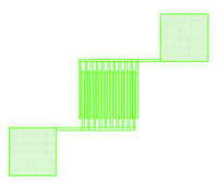Back-gated OFET Interdigitated Substrate Au source/drain, 90 nm SiO2 gate-insulator, varied W/L from 500 to 4000, 16 transistors per chip, chips (diced)