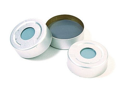 Aluminum crimp seal (without septum), silver aluminum pressure release, diam. × opening 20 mm × 8 mm, pkg of × 100 ea