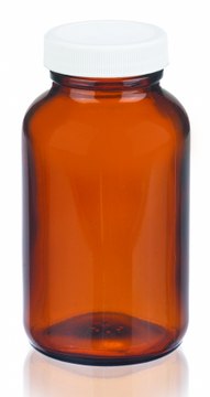 Wheaton wide-mouth bottle capacity 8&#160;oz (250&#160;mL), amber, white polypropylene cap, vinyl flat liner