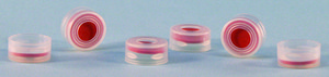 Closures for Snap Ring vials clear polyethylene cap, red PTFE/silicone, thread for 11 mm (snap ring), pkg of 100 ea