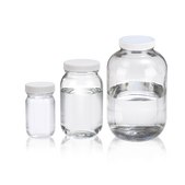 Wheaton wide-mouth bottle clear soda-lime glass bottle, capacity 125&#160;mL, white polypropylene cap, (PTFE faced LDPE liner), case of 24&#160;ea