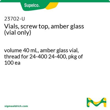 Vials, screw top, amber glass (vial only) volume 40 mL, amber glass vial, thread for 24-400 24-400, pkg of 100 ea