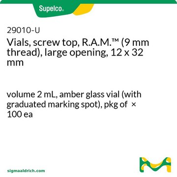 Vials, screw top, R.A.M.™ (9 mm thread), large opening, 12 x 32 mm volume 2 mL, amber glass vial (with graduated marking spot), pkg of × 100 ea
