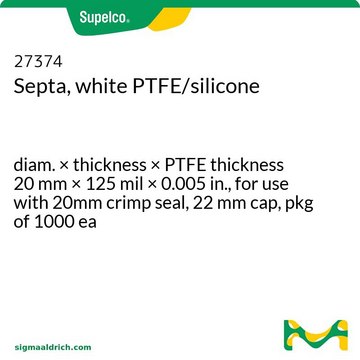 Septa, white PTFE/silicone diam. × thickness × PTFE thickness 20 mm × 125 mil × 0.005 in., for use with 20mm crimp seal, 22&nbsp;mm cap, pkg of 1000 ea