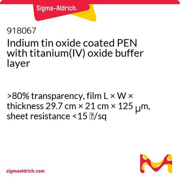 Indium tin oxide coated PEN with titanium(IV) oxide buffer layer &gt;80% transparency, film L × W × thickness 29.7&#160;cm × 21&#160;cm × 125&#160;&#956;m, sheet resistance &lt;15&#160;&#937;/sq