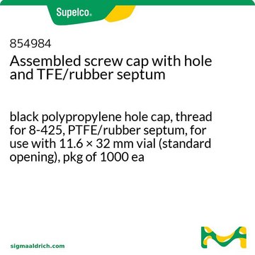 Assembled screw cap with hole and TFE/rubber septum black polypropylene hole cap, thread for 8-425, PTFE/rubber septum, for use with 11.6 × 32 mm vial (standard opening), pkg of 1000 ea